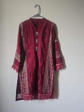 3 Pc Pakistani Embroidered Maroon Women's Dress